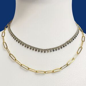 Layered Chain Necklace Mixed Metal Choker Collar Gold Tone Paperclip Oval Link